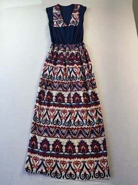 Vintage 70's Collared Maxi Dress with Red, Blue, and White Patterned Skirt